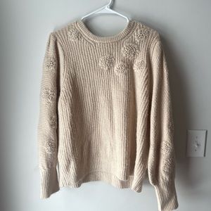 Cream Floral Embroidered Puff Sleeve Sweater